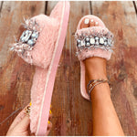 Pantoufles de luxe en peluche et fourrure perlées