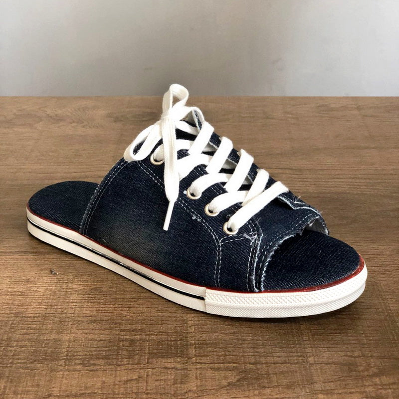 Pantoufles à bout ouvert en toile à lacets