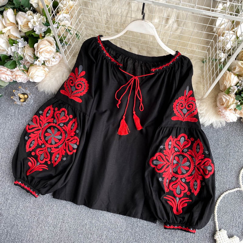 Lace-Up Tassel V-Neck Lantern Sleeve Tops