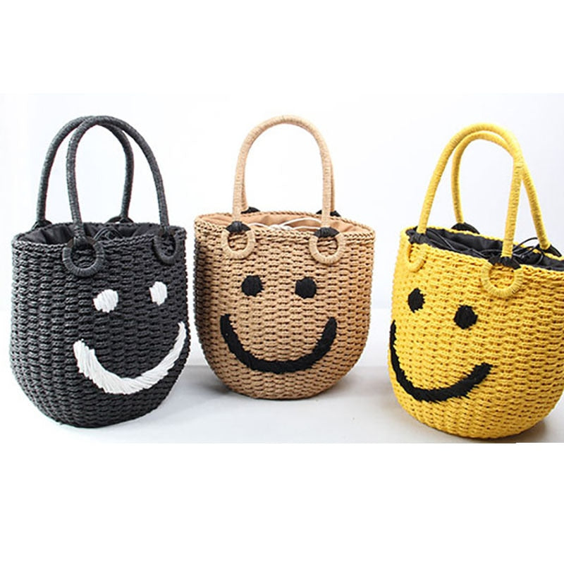 Sac tissé seau Smiley en paille