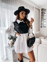 Long Sleeve PU Leather Patchwork Shirt Dress