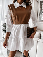 Long Sleeve PU Leather Patchwork Shirt Dress