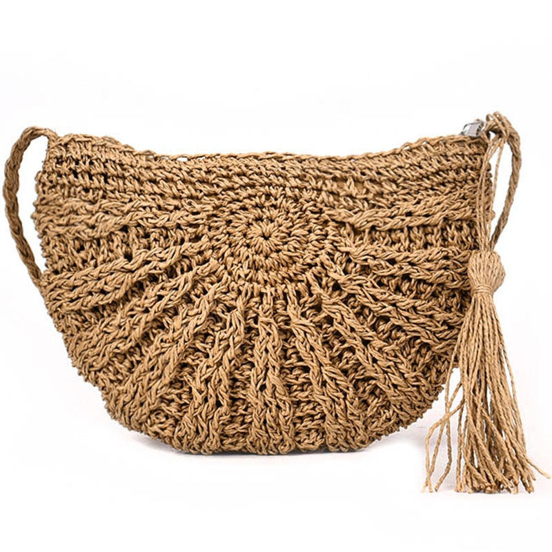 Sac de paille tricoté à pompon en demi-cercle