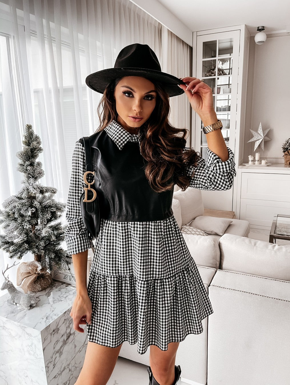 Long Sleeve PU Leather Patchwork Shirt Dress