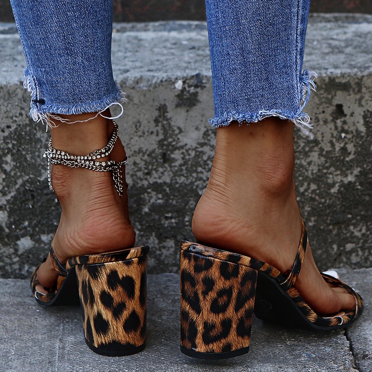 Square Heel Leopard Print High Heel Slippers