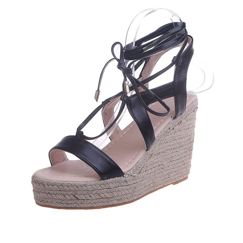 Hemp Wedge Open Toe Ankle Cross-tied Sandals