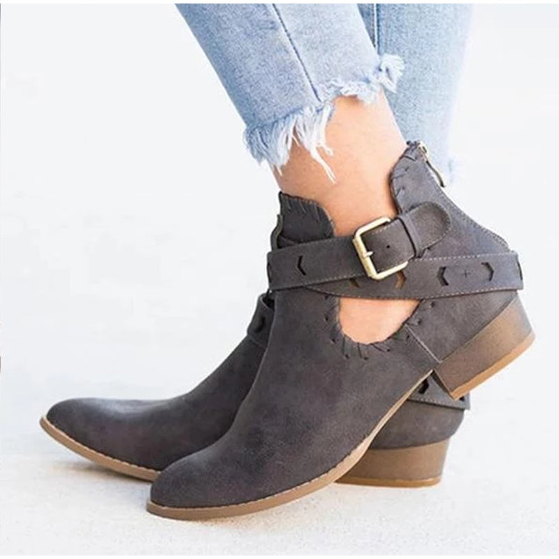 Wildleder-Nähstiefel mit Schnallenriemen und Reißverschluss