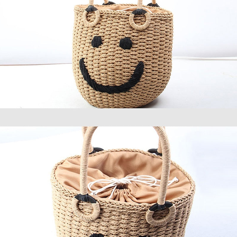 Sac tissé seau Smiley en paille