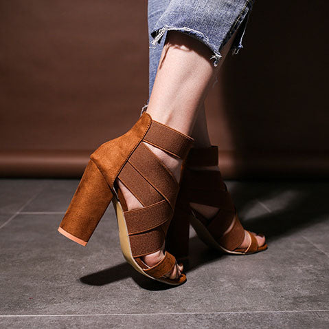 Stretch Fabric cross Straps thick Heel Sandals
