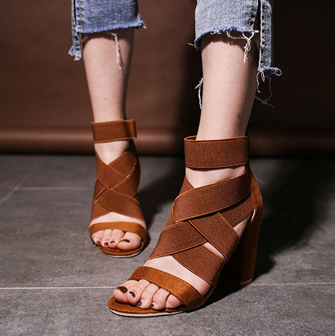 Stretch Fabric cross Straps thick Heel Sandals