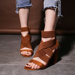 Stretch Fabric cross Straps thick Heel Sandals