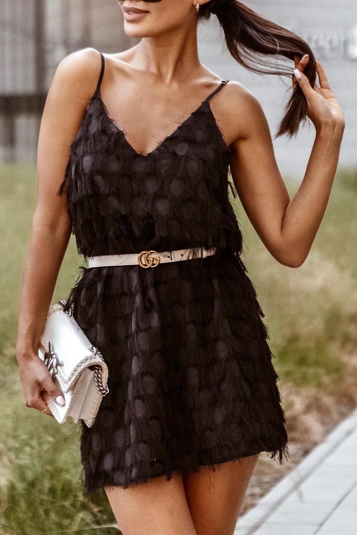 Deep V Halter Fringed Dress