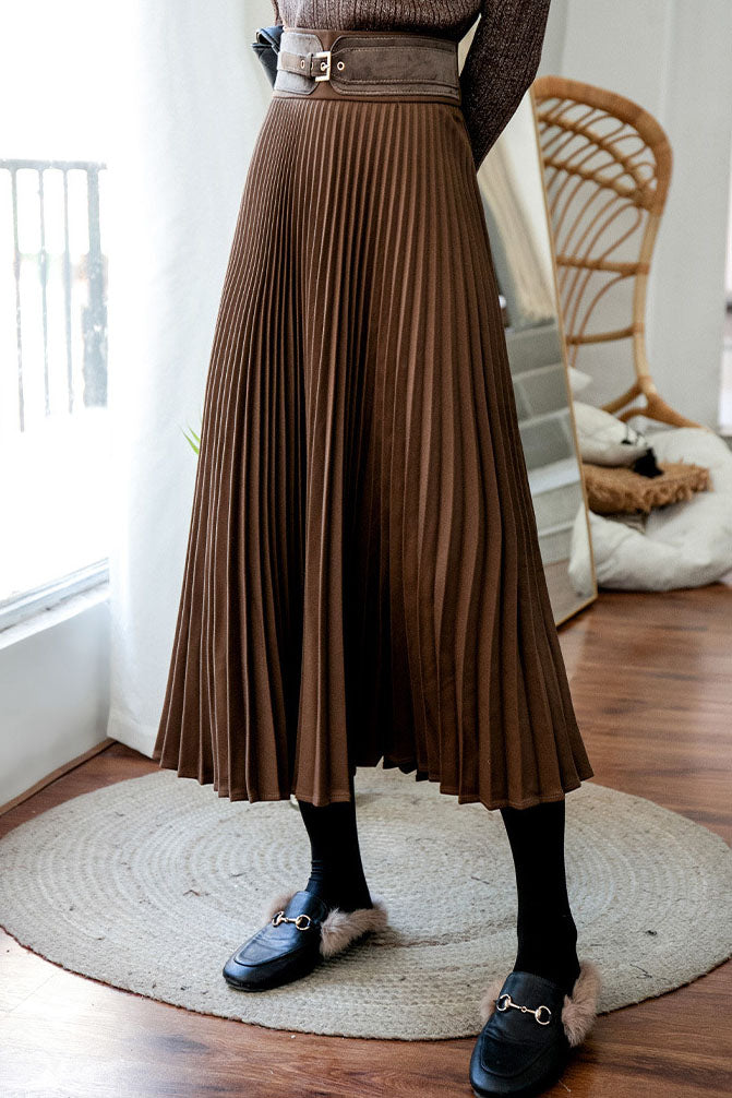 Solid Color Pleated Wool Pleated Skirt