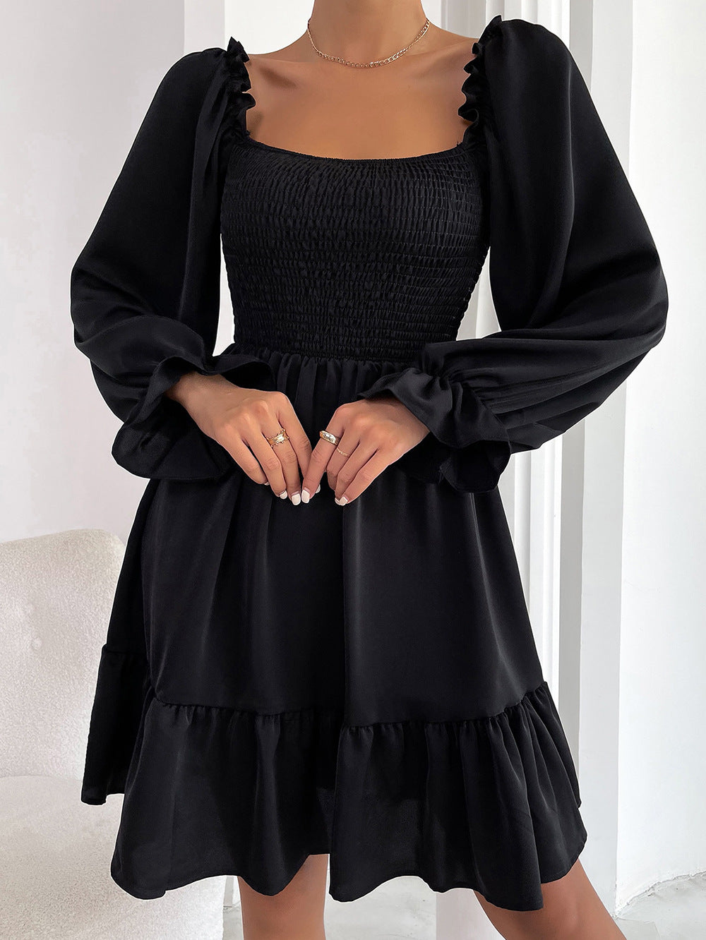 Elegant Square neck High waist Ruffle Dress