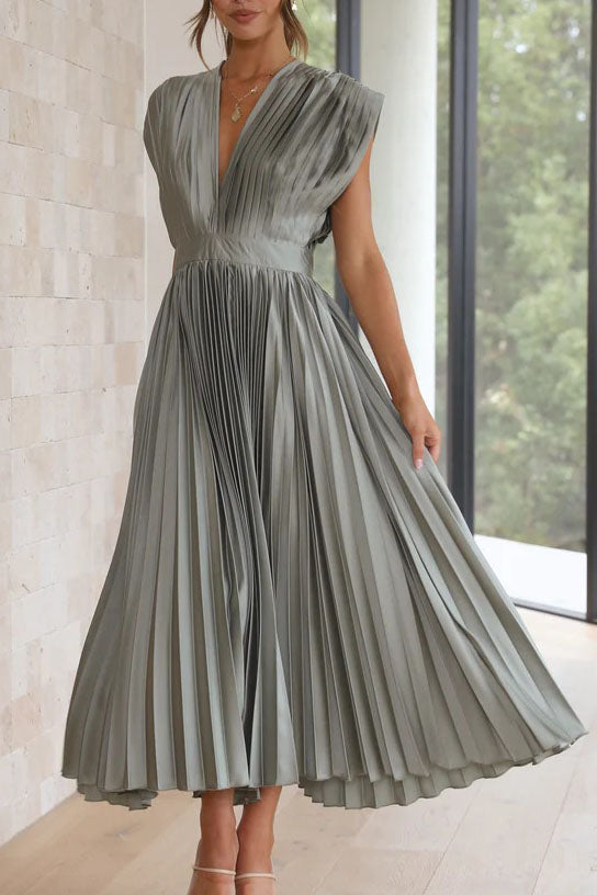 Ruched Sleeveless Low V-Neck Dress