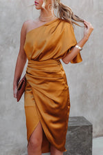 Glam Expectations One Shoulder Satin Drape Dress