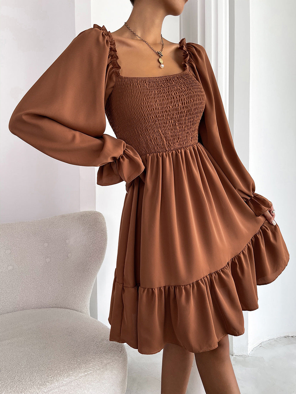 Elegant Square neck High waist Ruffle Dress