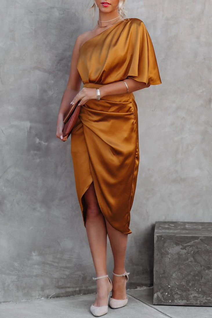 Glam Expectations One Shoulder Satin Drape Dress