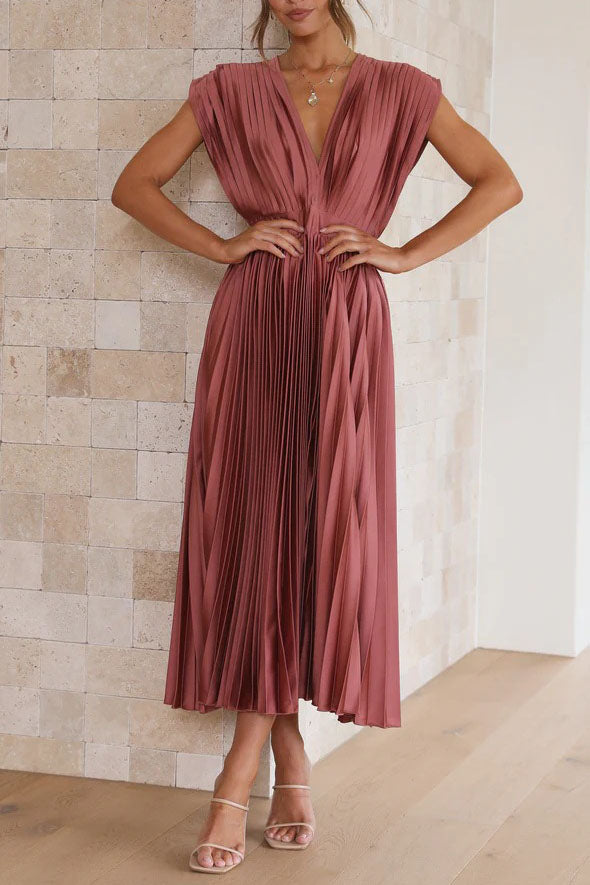 Ruched Sleeveless Low V-Neck Dress