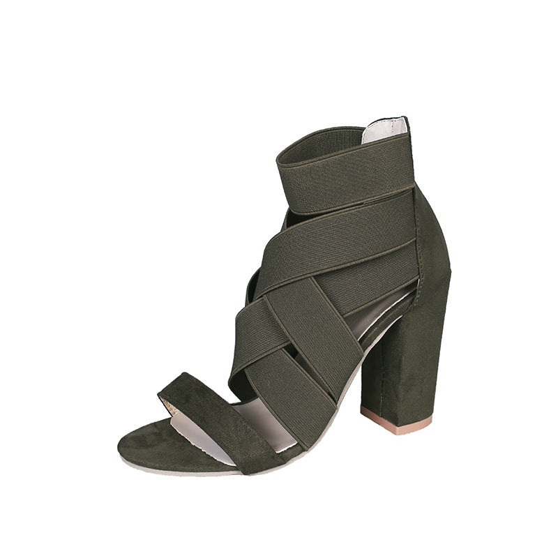 Stretch Fabric cross Straps thick Heel Sandals