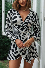 Geometric V-Neck Irregular Hem Long Sleeve Dress