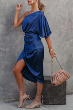 Glam Expectations One Shoulder Satin Drape Dress