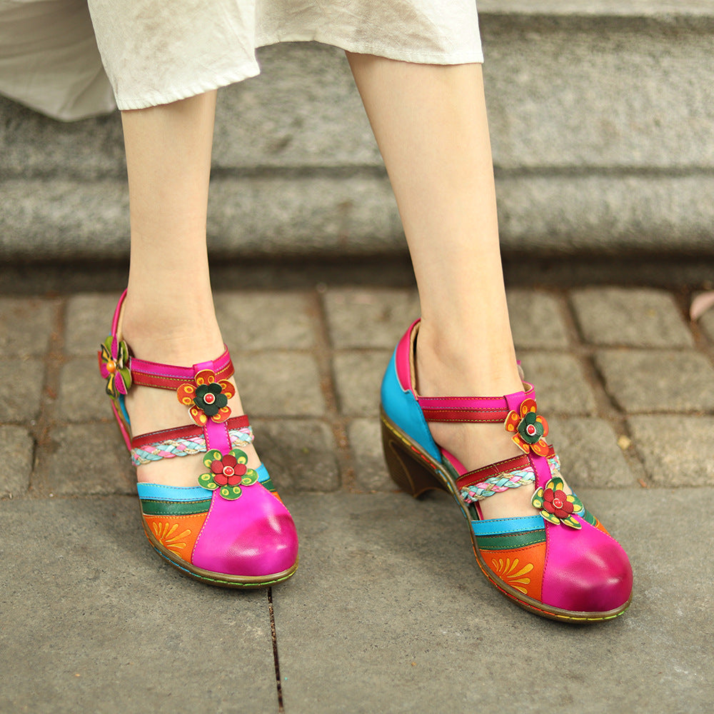 Retro Collision Colors Mary Jane Hollow Sandals
