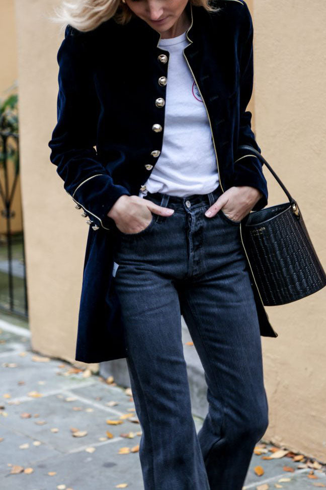 Thermo-Samt-Patchwork-Jacke mit mehreren Knöpfen