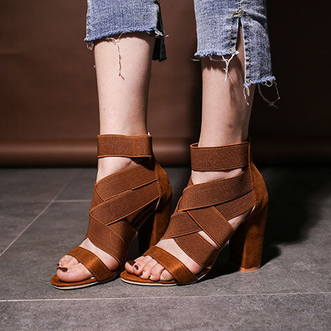 Stretch Fabric cross Straps thick Heel Sandals