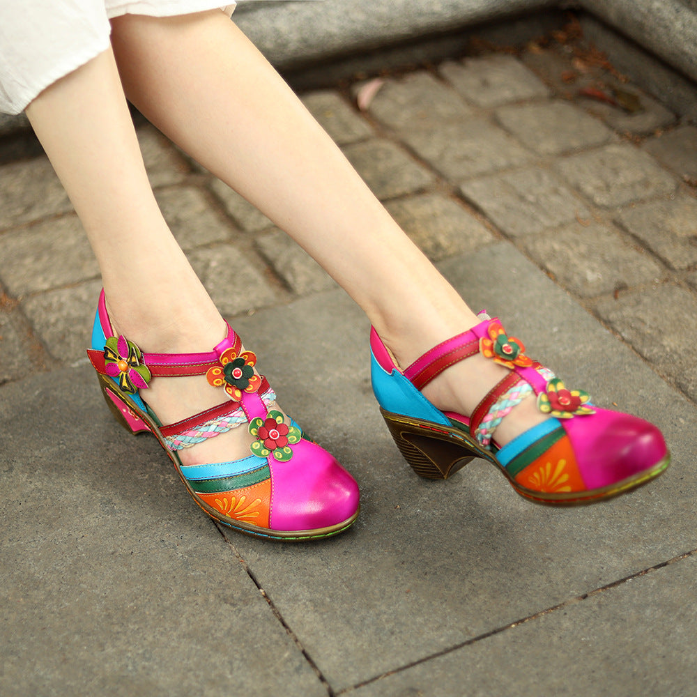Retro Collision Colors Mary Jane Hollow Sandals