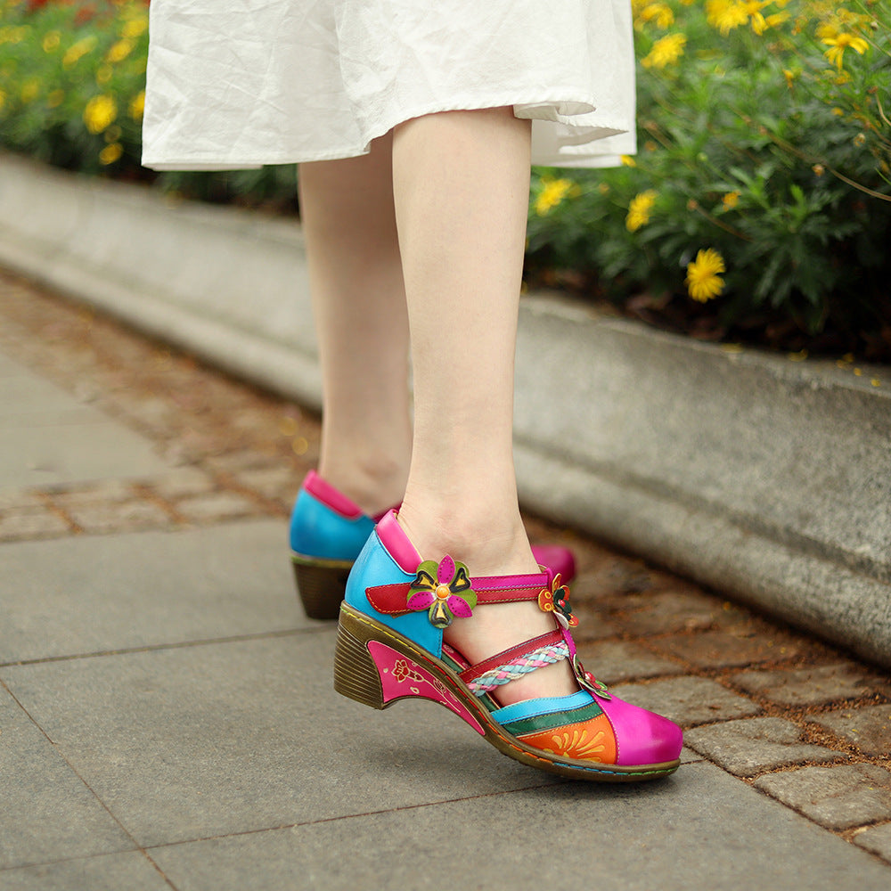Retro Collision Colors Mary Jane Hollow Sandals