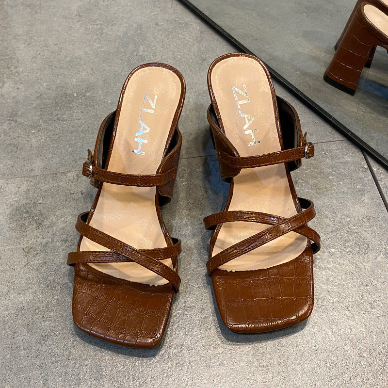 Steinmuster-Hausschuhe mit dickem Absatz und quadratischem Kopf