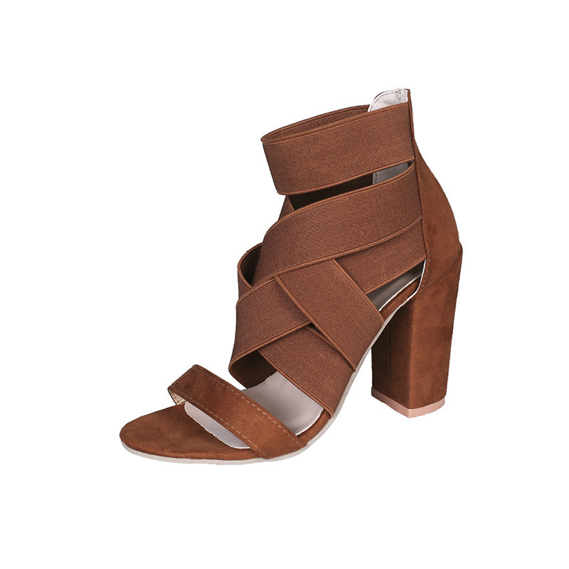 Stretch Fabric cross Straps thick Heel Sandals