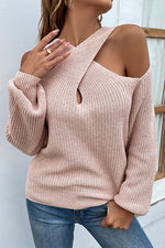 Off-Shoulder-Strickpullover mit Kreuzhalter und Ballonärmeln