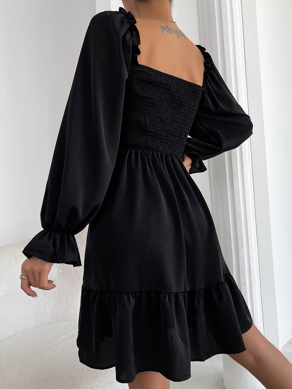 Elegant Square neck High waist Ruffle Dress
