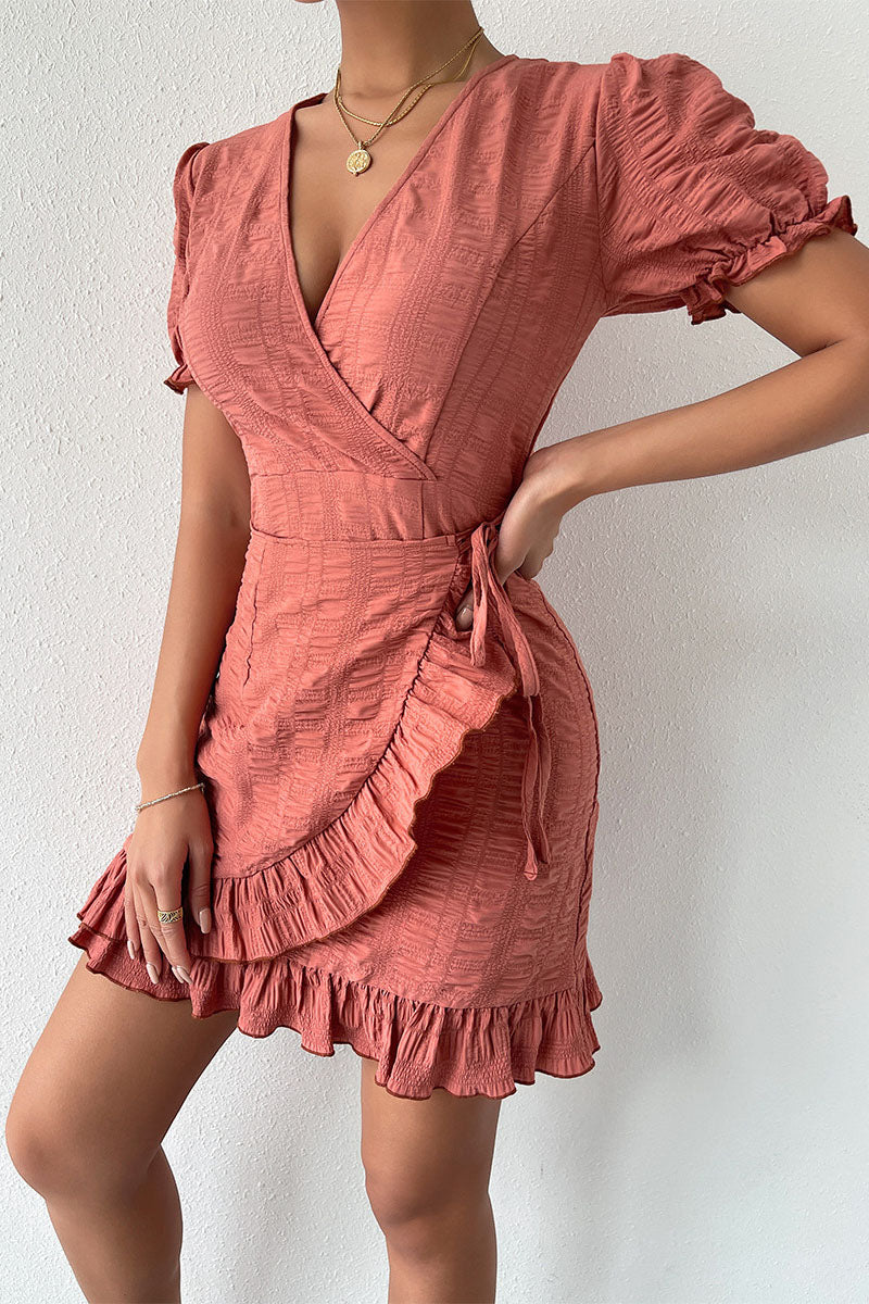 Solid color V-neck Pleated Asymmetric waist Dress