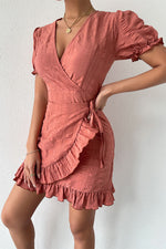 Solid color V-neck Pleated Asymmetric waist Dress