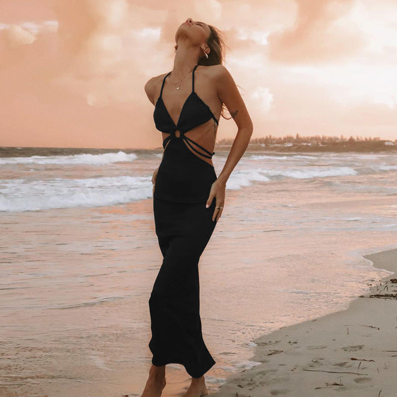 Robe midi moulante en tricot dos nu à bandes