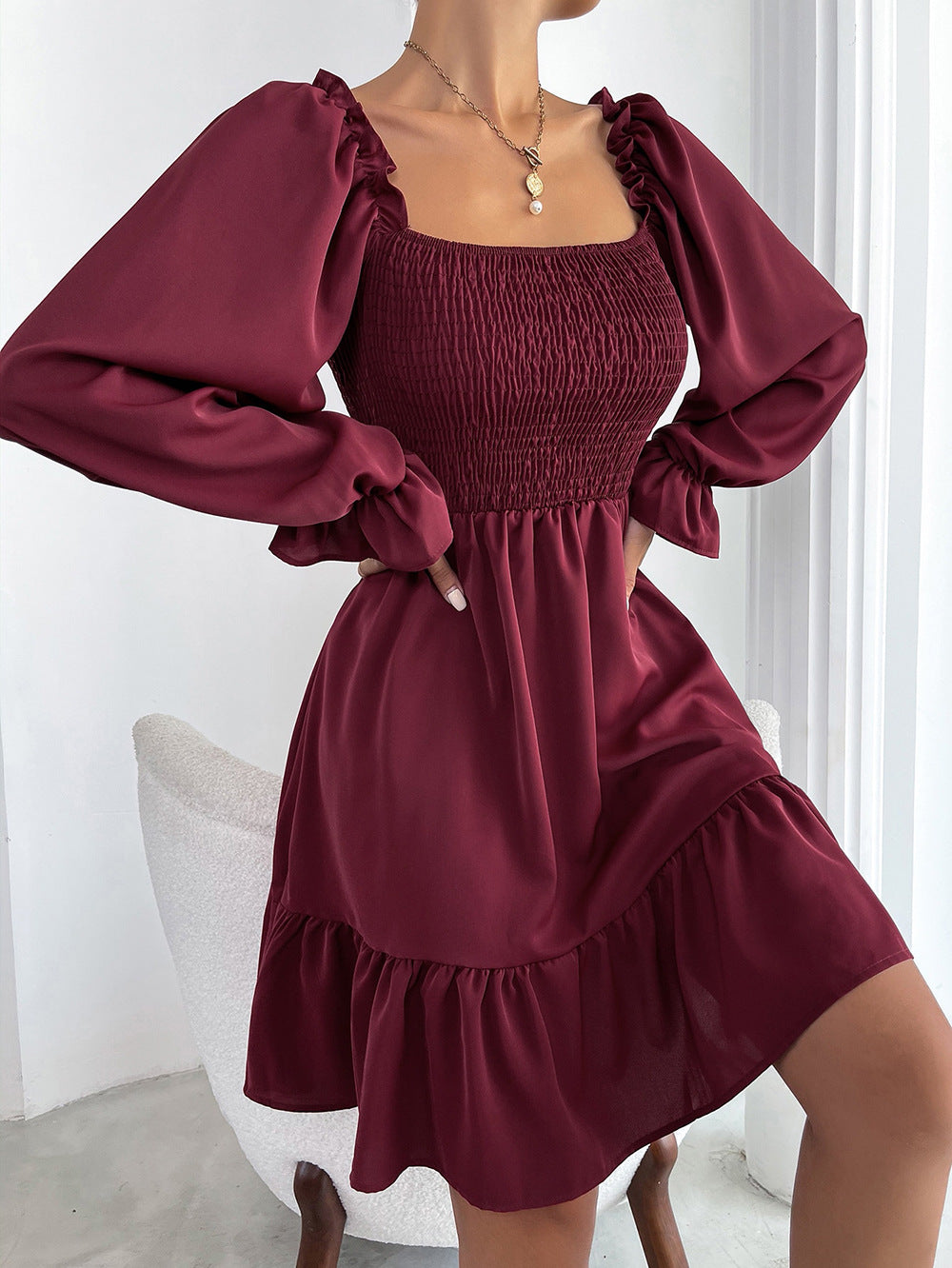 Elegant Square neck High waist Ruffle Dress