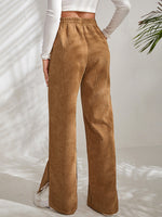 High Waist Solid Corduroy Panel Slit Hem Pants