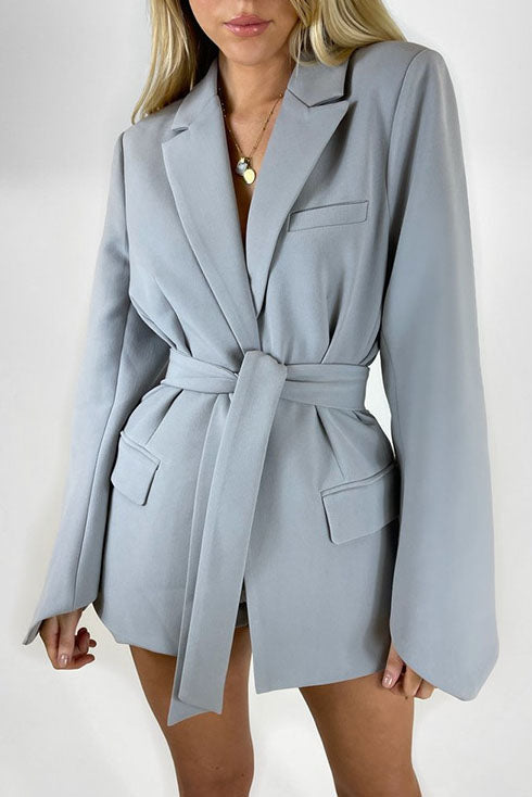 Solid Color Belted Tunic Jacket