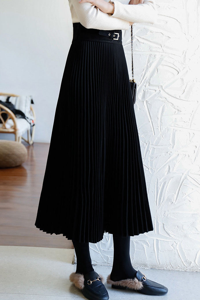 Solid Color Pleated Wool Pleated Skirt