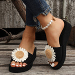 Sunflowers Black Wedge Slippers