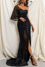 One Shoulder Irregular Sequin Maxi Dress