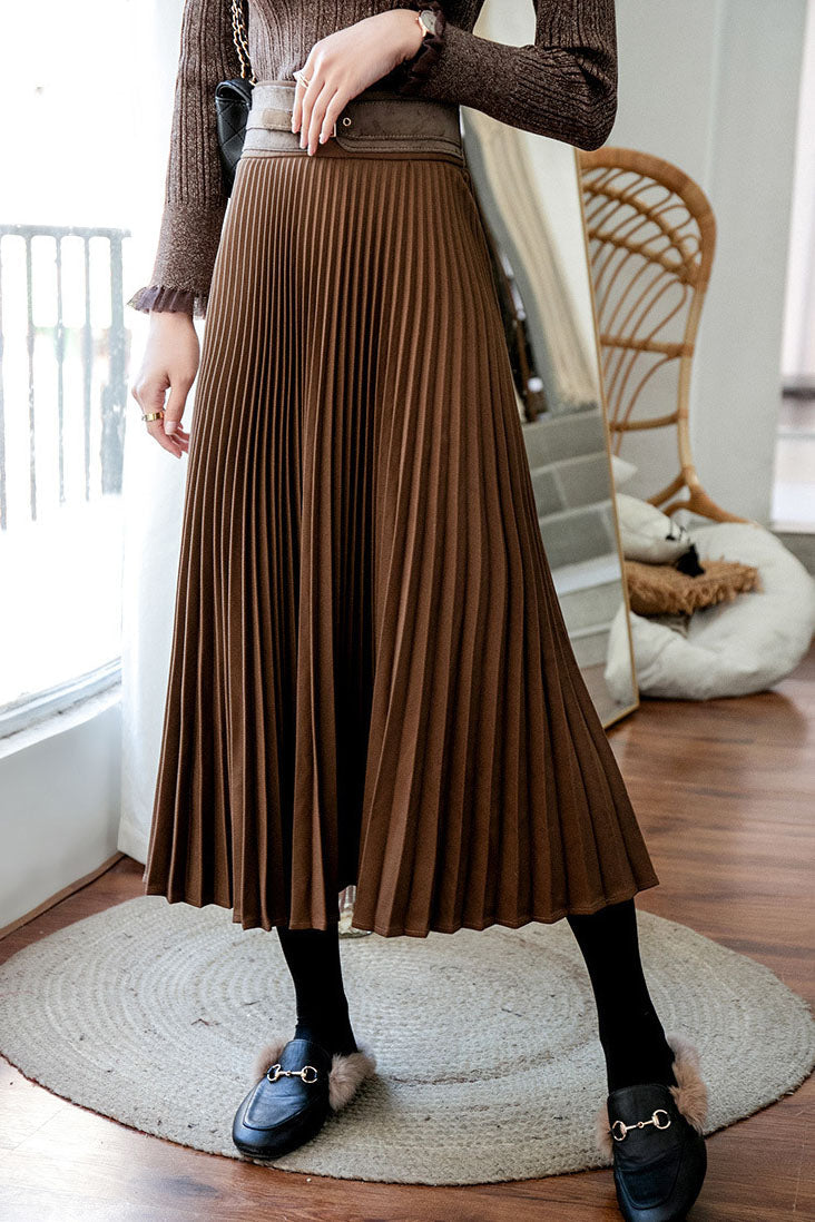Solid Color Pleated Wool Pleated Skirt