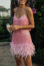 Fringed sequined Feather-paneled Gown Dress
