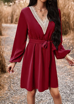 Elegant Spliced V-neck Long Sleeve Dress