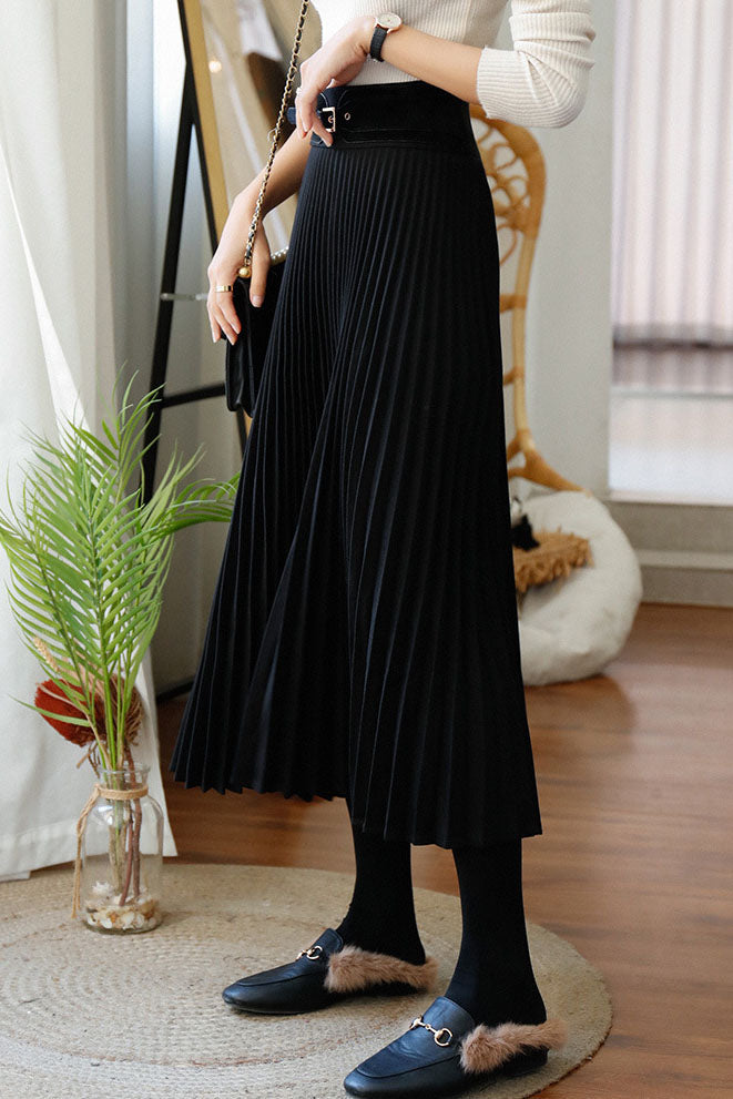 Solid Color Pleated Wool Pleated Skirt