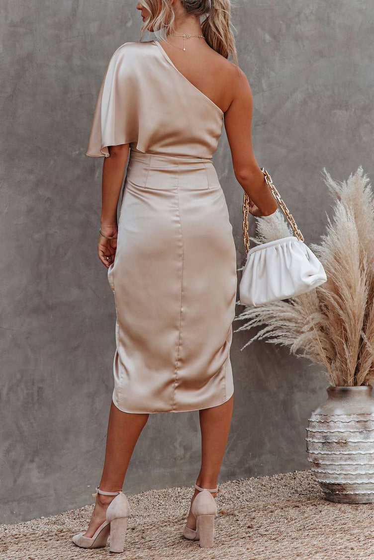 Glam Expectations One Shoulder Satin Drape Dress
