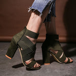 Stretch Fabric cross Straps thick Heel Sandals